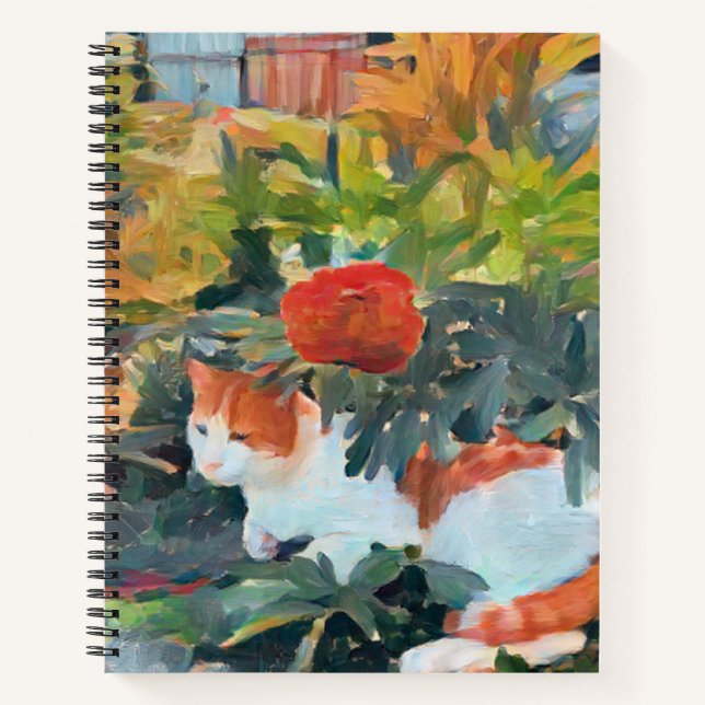 Carnet chat sous un buisson à fleurs A.I. amélioré (Devant)