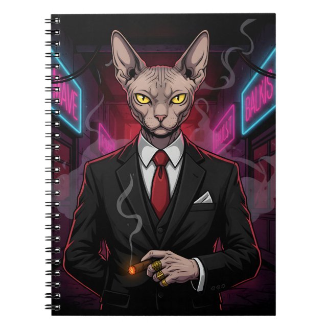 Carnet Chat Sphynx Mafia dans un style néon noir (Devant)