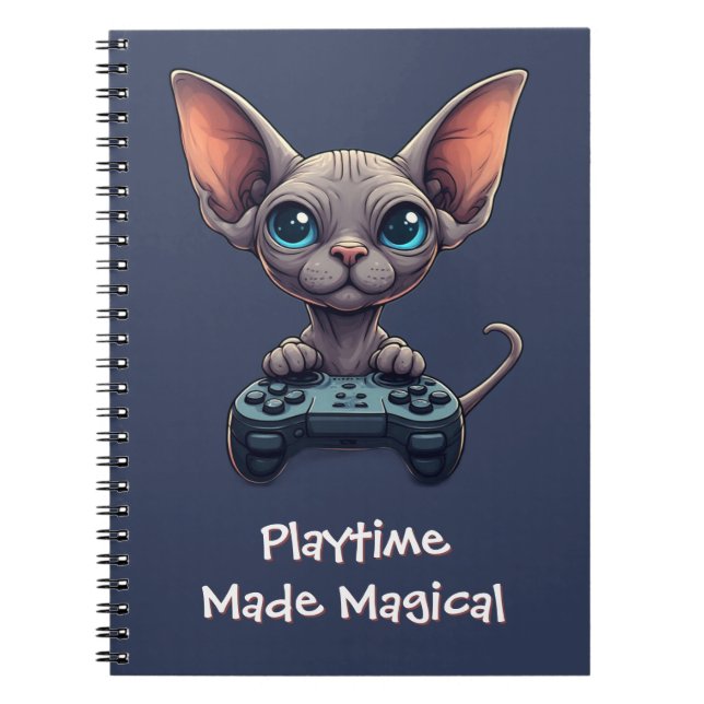 Carnet Chat Sphynx tenant une manette de jeu (Devant)