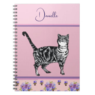 Carnet Chat tigré rose personnalisable aquarelle pour fil