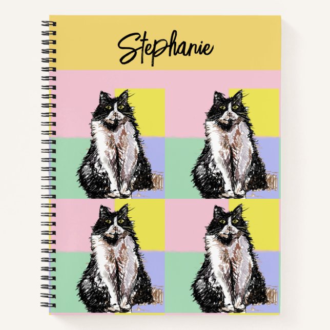 Carnet Chat Tuxedo Pastel Couleurs Rose Nom Filles (Devant)