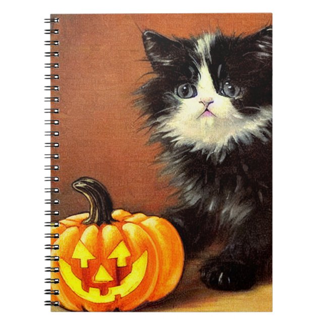 Carnet Chaton d'Halloween noir et blanc vintage (Devant)