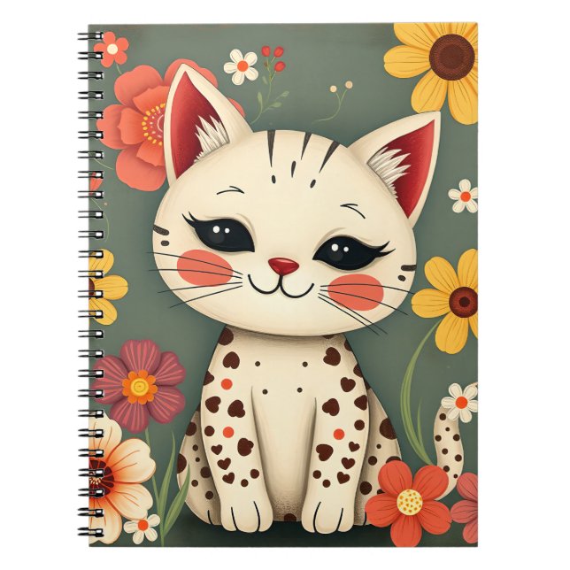 Carnet Chaton tacheté heureux avec des fleurs (Devant)