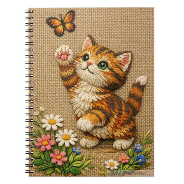 Carnet Chaton tigré joueur avec papillon brodé (Devant)