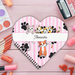Carnet Chatons et pattes, rayures roses forme coeur