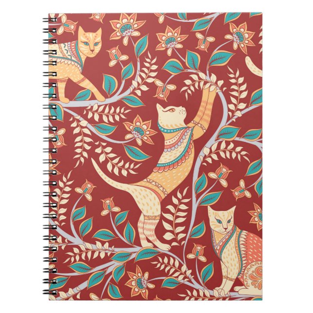Carnet Chats avec ornements, branches avec fleurs et feui (Devant)