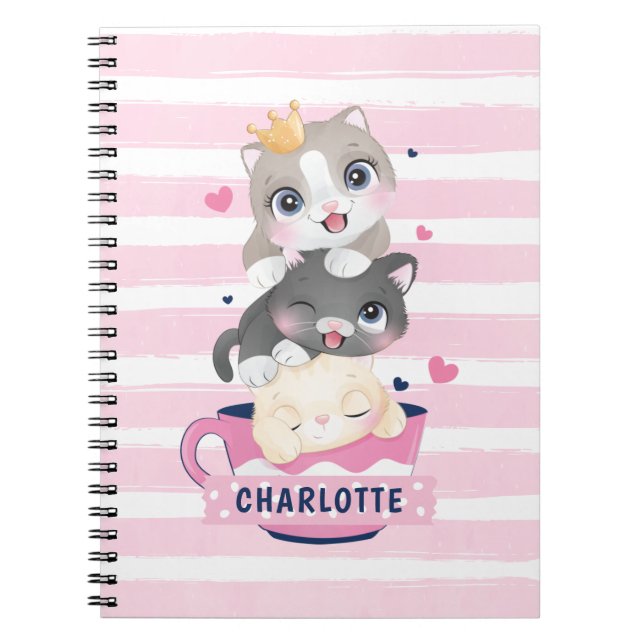 Carnet Chats de dessin animé mignons empilés rayures rose (Devant)