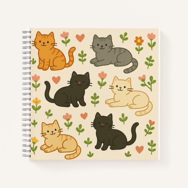 Carnet Chats mignons aux fleurs et aux coeurs - Animal ad (Devant)