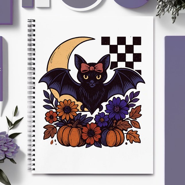 Carnet Chauve d'Halloween rétro avec lune Gothique esthét (This retro Halloween bat design captures spooky charm with a gothic twist.)