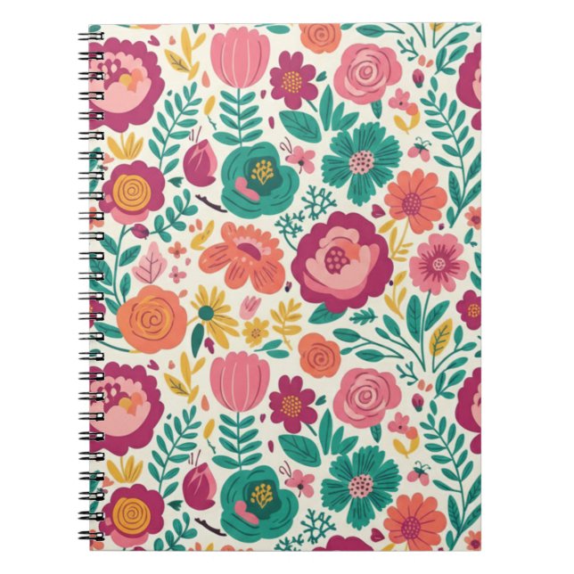 Carnet Cheery Folk Art Garden - Vibrant Pink & Teal (Devant)