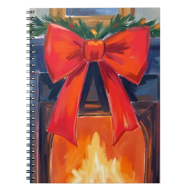 Carnet Cheminée de Noël | Aquarelle joyeuse à ruban rouge (Devant)