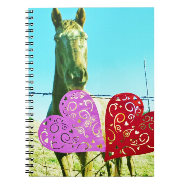 Carnet Cheval blond et Coeurs rose et rouge (Devant)