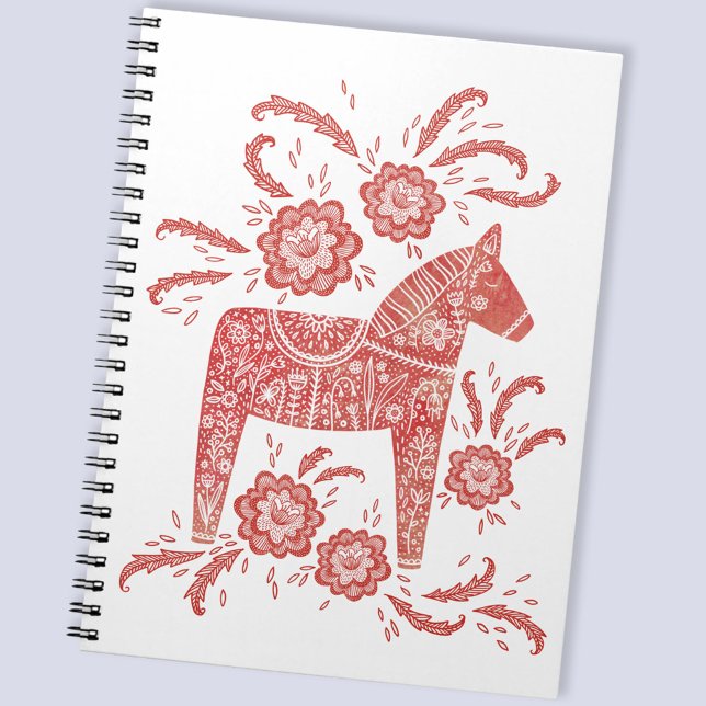 Carnet Cheval de Dala suédois Rouge et blanc (Swedish Dala Horse red and white folk art notebook)