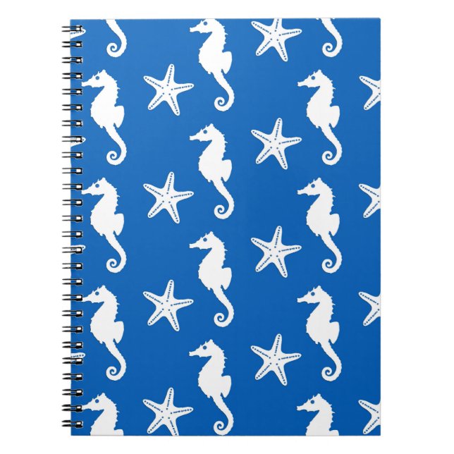 Carnet Cheval de mer et poisson d'eau - blanc sur bleu co (Devant)