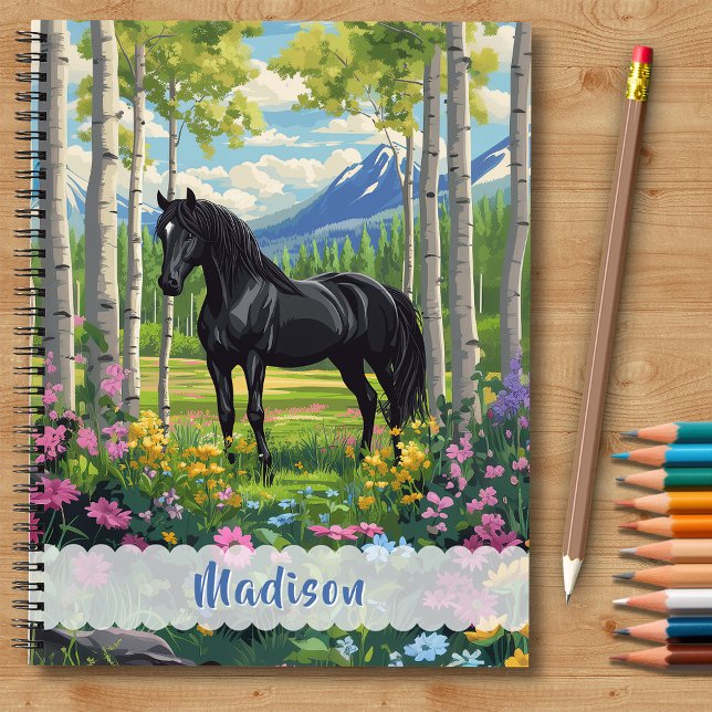 Carnet Cheval Noir Fleurs Sauvages Filles Rose Violet Enf (Black Horse Wildflower Aspens Pink Purple Flora Notebook - Personalize name and gift message.)