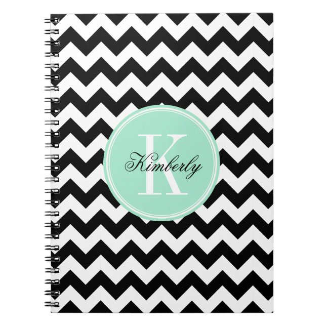 Carnet Chevron noir et blanc avec le monogramme en bon (Devant)