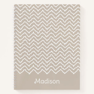 Carnet Chevron Zigzag Ondulé Beige Et Blanc Avec Nom