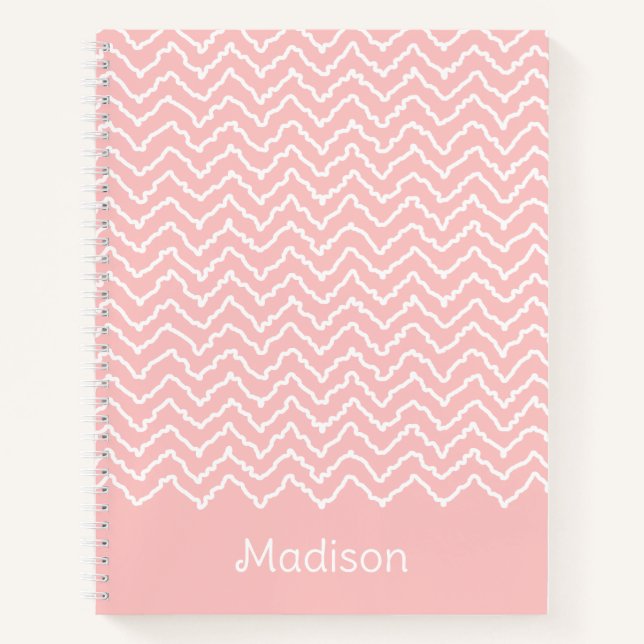 Carnet Chevron Zigzag Ondulé Rose Et Blanc Avec Nom (Devant)