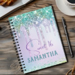 Carnet Chic aqua Unicorn Glitter birthday monogram<br><div class="desc">Make back to school fun with this Cute personalised Notebook. It is designed with elegant girly iridescent glitter drips in unicorn rainbow aqua turquoise purple. To make it extra special, it is also monogrammed and personalized with name or initials or any text you like, click the "customize further" link and...</div>