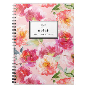 Carnet Chic Aquarelle Pink Peonies Motif Floral