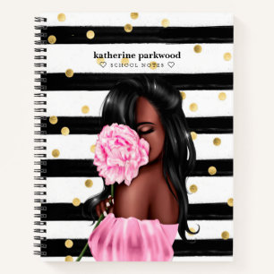 Carnet Chic Black Gold Stripes Brunette Girl Rose Floral