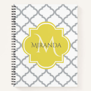 Carnet Chic Blanc Gris Quatrefoil Jaune Nom Monogramme
