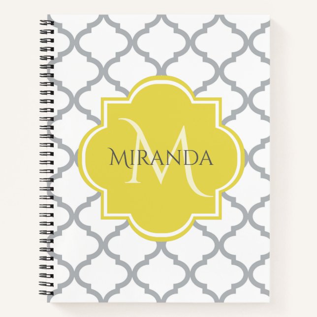 Carnet Chic Blanc Gris Quatrefoil Jaune Nom Monogramme (Devant)