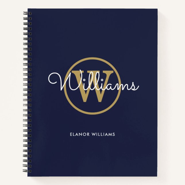 Carnet Chic Bleu Marine Or Monogramme Nom (Devant)