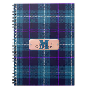 Carnet Chic bleu Plaid Tartan Coral rose Monogramme Scrip