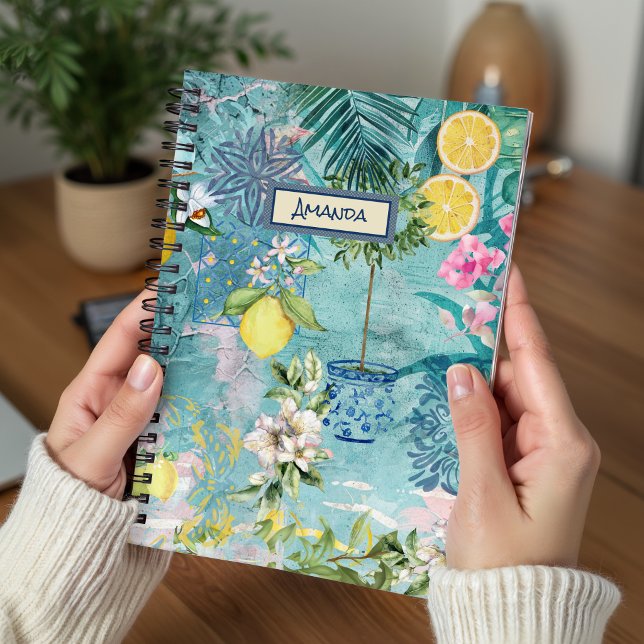 Carnet Chic Bleu Turquoise Collage Sicilien Floral Citrus (Créateur téléchargé)