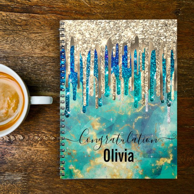 Carnet Chic bleu turquoise or parties scintillant gouttes (Créateur téléchargé)