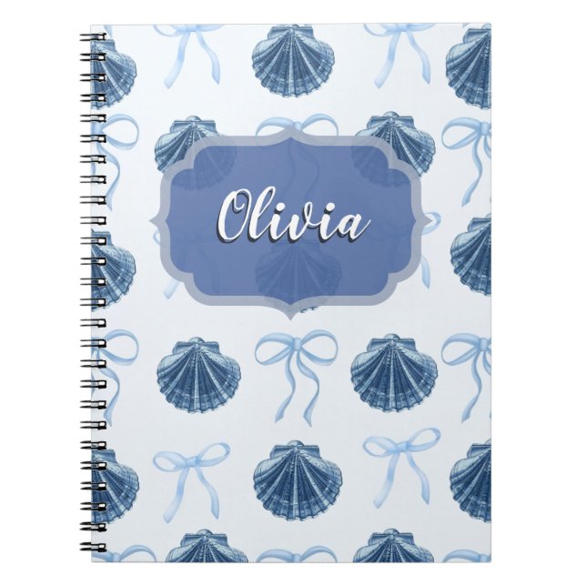 Carnet Chic Blue Coastal Shells and Bows Personalized (Devant)