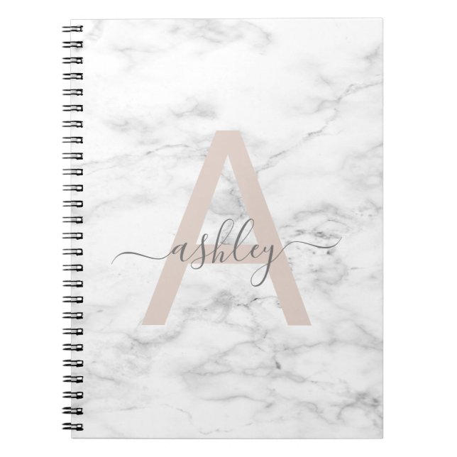 Carnet Chic Blush Pink White Marble Script Nom monogram (Devant)