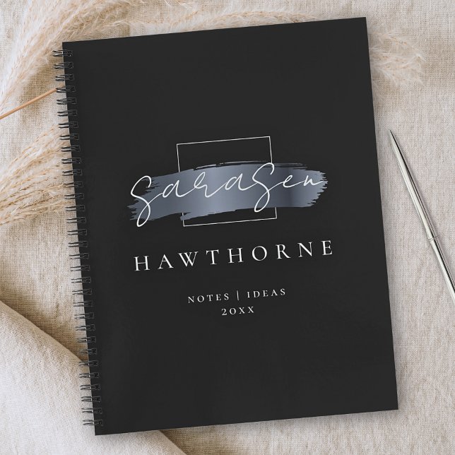 Carnet Chic Brush Stroke Black Faux Silver Grey Monogramm (Créateur téléchargé)