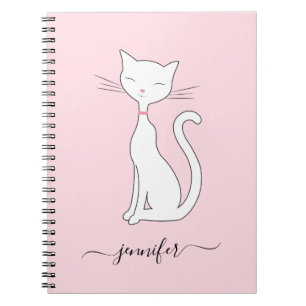 Carnet Chic Cute White Cat Nom personnalisé Clair rose