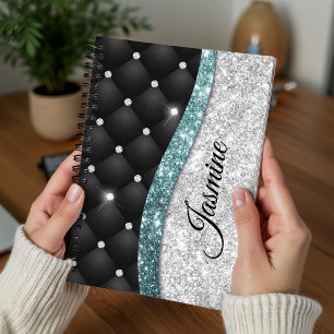 Carnet Chic déco faux paillettes argent noir sarcelle mon