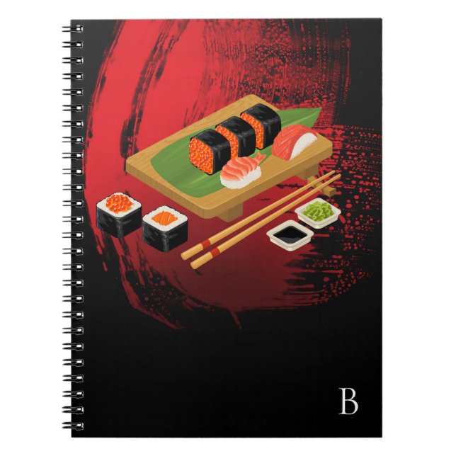 Carnet Chic Élégant Moderne Sushi Noir & Rouge (Devant)