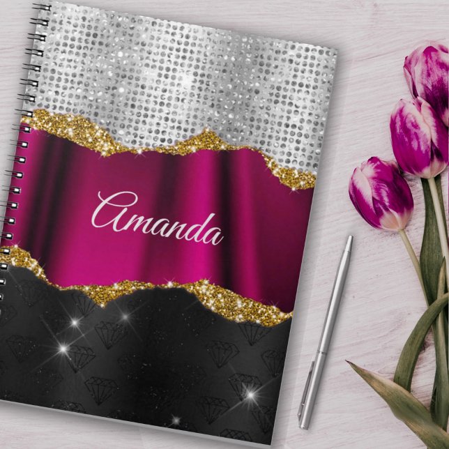 Carnet Chic faux argent parties scintillant Fuchsia noir  (Créateur téléchargé)