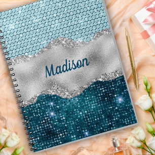 Carnet Chic fille sarcelle vert menthe paillettes monogra