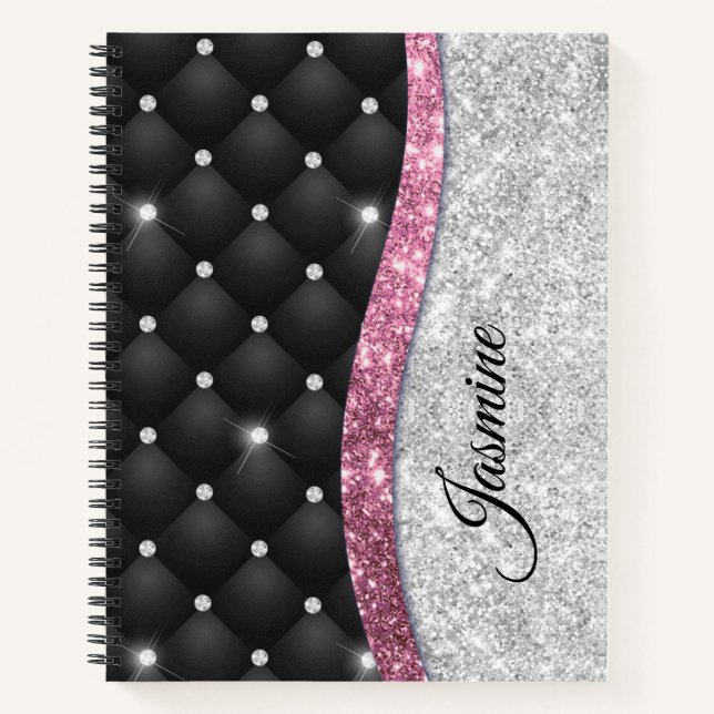 Carnet Chic girly faux parties scintillant argent noir ro (Devant)