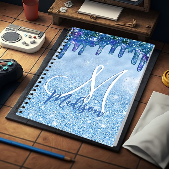 Carnet Chic ice blue ombre glitter drips monogram noteboo (Créateur téléchargé)