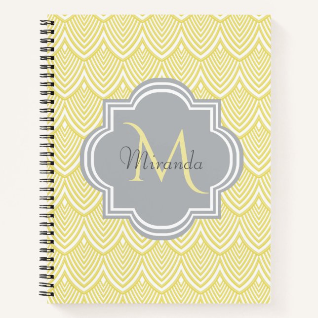 Carnet Chic Jaune Art Déco Scallops Grey Monogramme Nom (Devant)