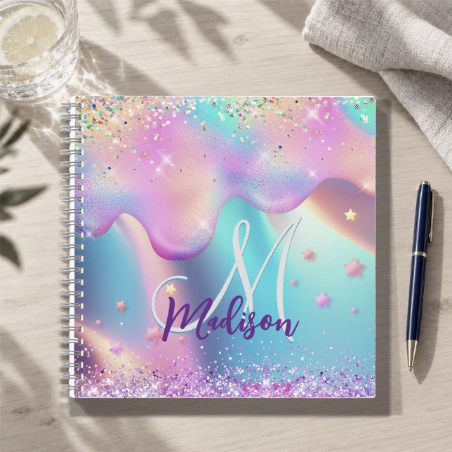 Carnet Chic licorne holographique monogramme ruisselant d (Créateur téléchargé)