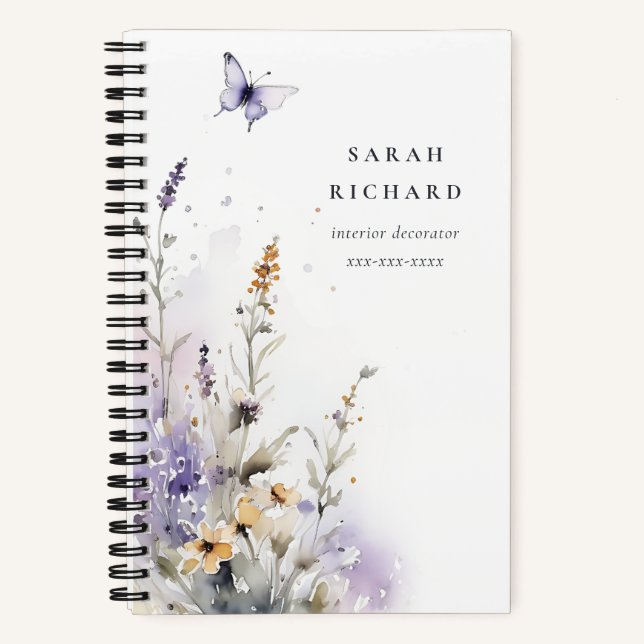 Carnet Chic Lilac Purple Fleur sauvage Papillon Aquarelle (Recto)