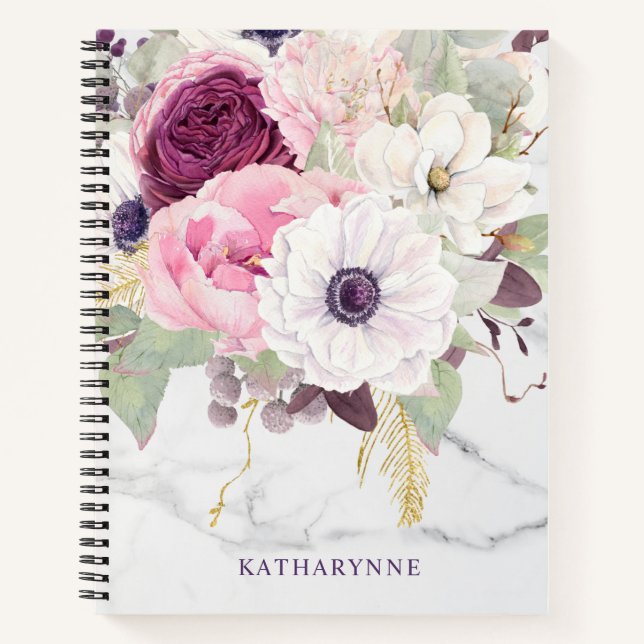 Carnet Chic Marbre Feminine Rose Aquarelle Florale (Devant)