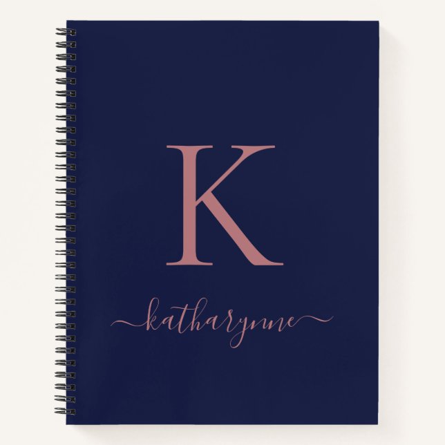 Carnet Chic Navy Blue Rose Gold rose Monogramme Nom (Devant)