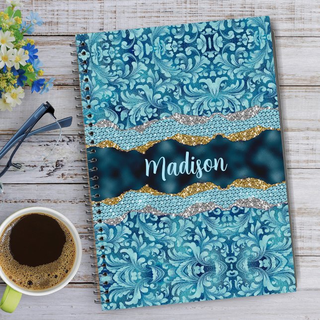 Carnet Chic paillettes floral Monogramme sarcelle turquoi (Créateur téléchargé)