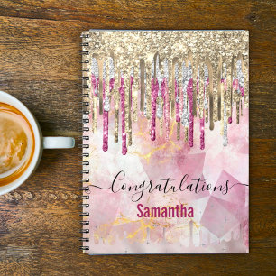 Carnet Chic pink gold glitter drips monogram