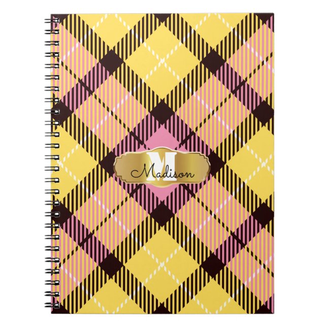 Carnet Chic Pink Yellow Tartan Gold Monogramme Nom du scr (Devant)