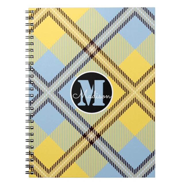 Carnet Chic Plaid Tartan Monogramme Jaune Bleu Nom Script (Devant)